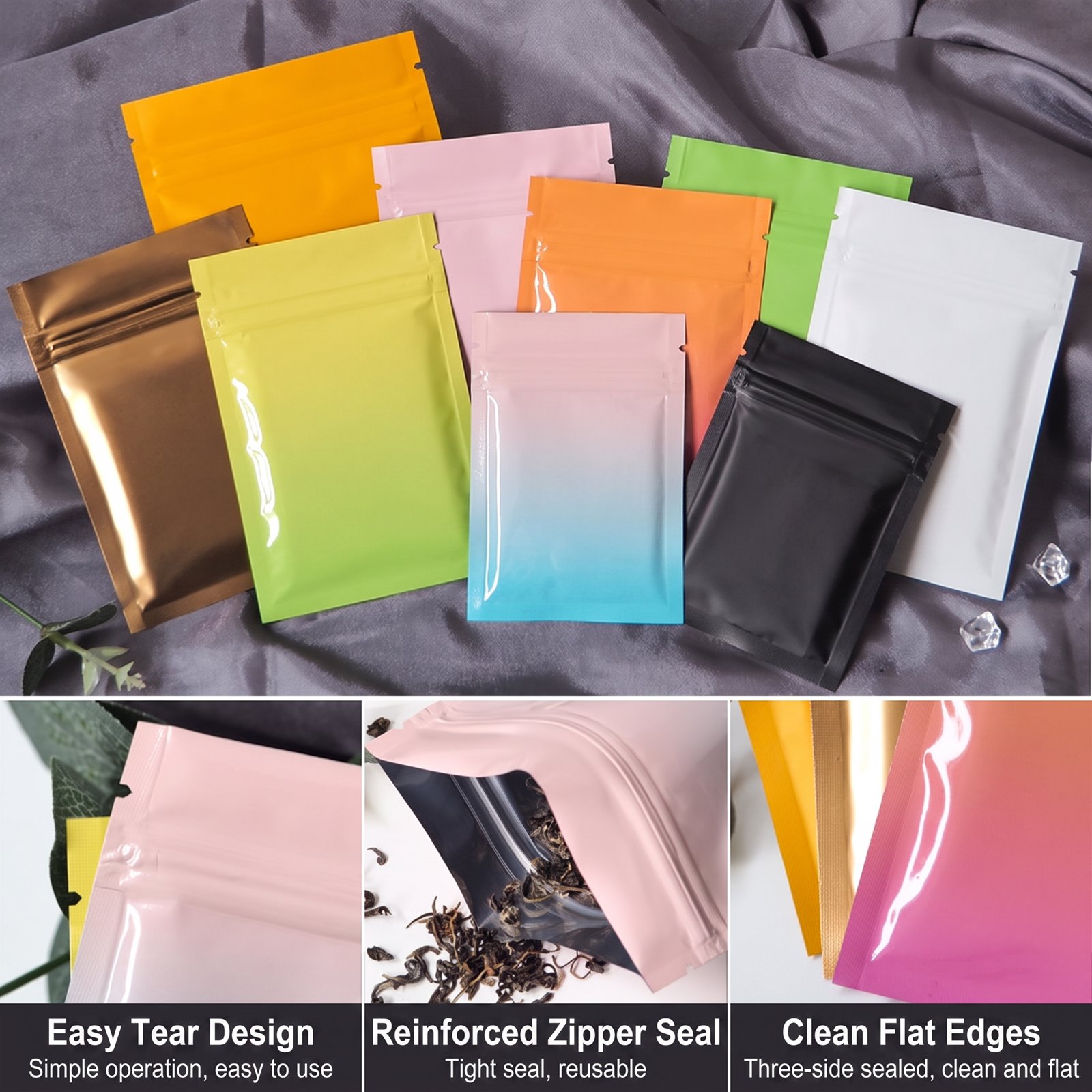 Colorful aluminum foil zipper bags in multiple colors