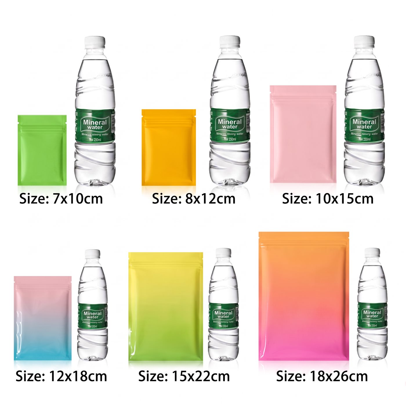 Selected stock zipper bag sizes compared with water bottles