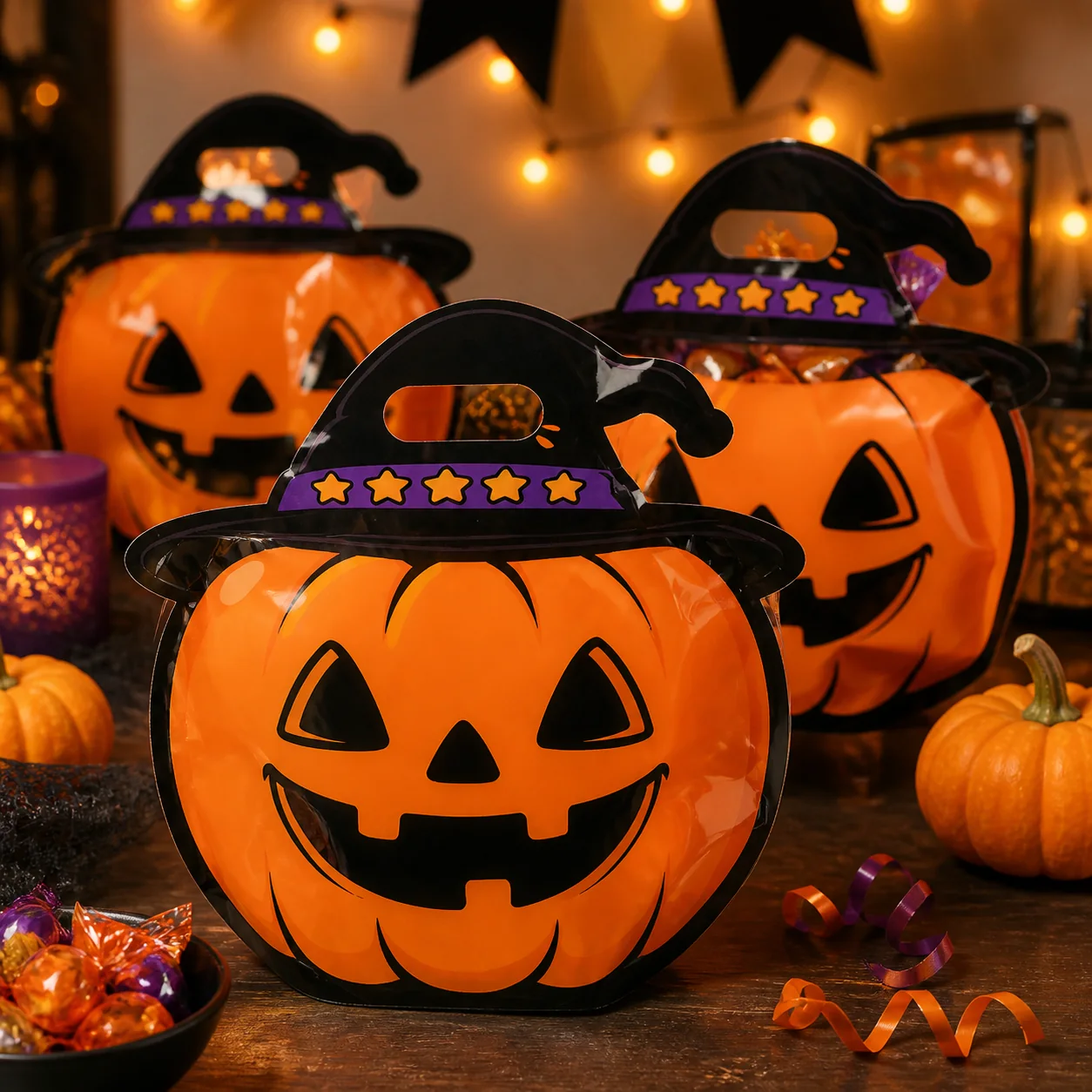 Pumpkin-shaped party favor bag