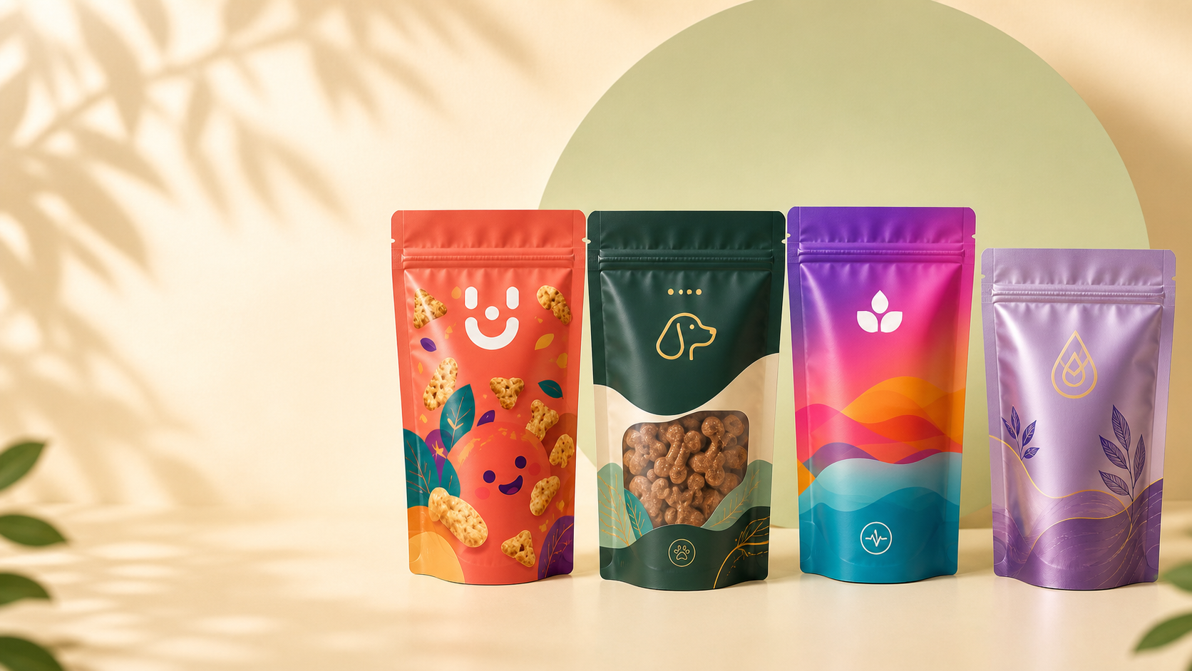 Four colorful custom stand-up pouch concepts for food, pet treats, nutrition and personal care